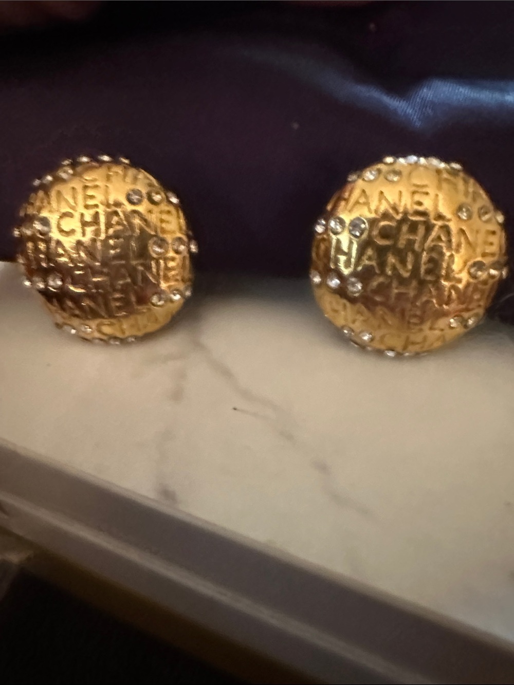 CHANEL Gold Embossed Logo Vintage Button Earrings With Rhinestones